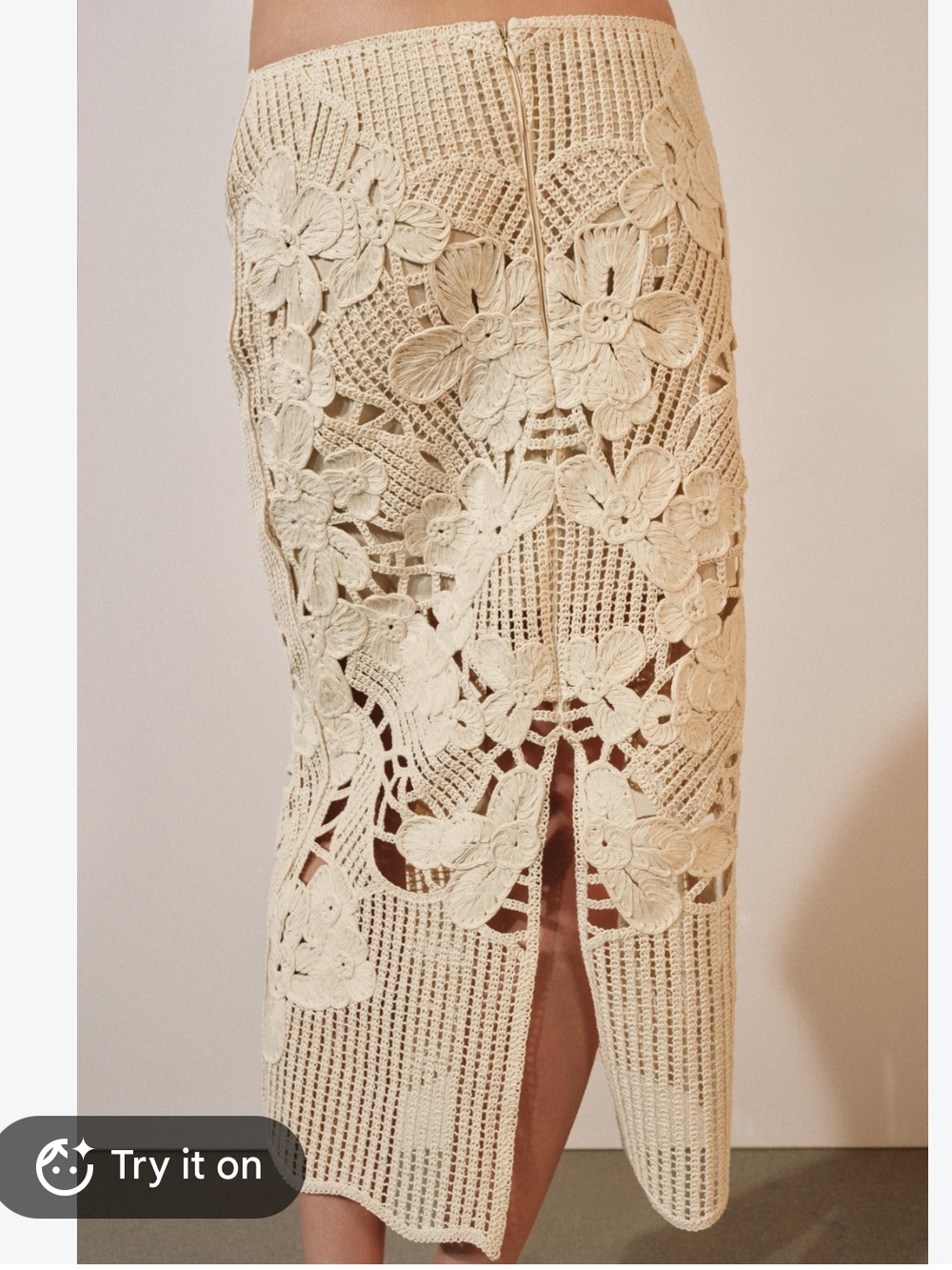 ZARA ZW Collection Crochet Midi Skirt Small NWT 3D Floral appliqué Knit Cream - Picture 5 of 12